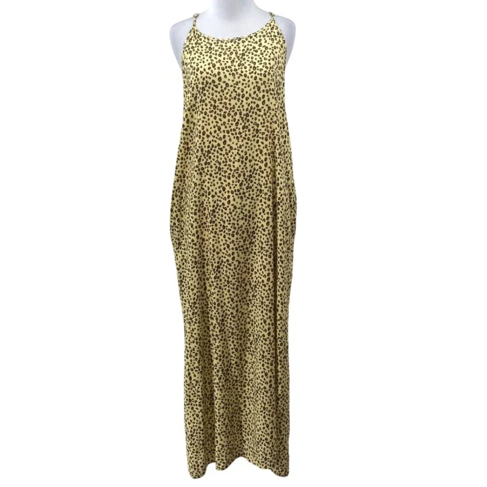 Mystree Leopard Print Maxi Dress Womens Size Medium Brown Yellow Sleeveless Slit